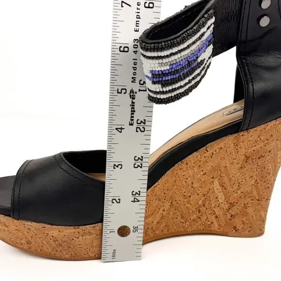 Ugg Black Leather Beaded Ankle Strap Cork Platform Wedge Sandals 8.5 Breathable - Picture 12 of 16